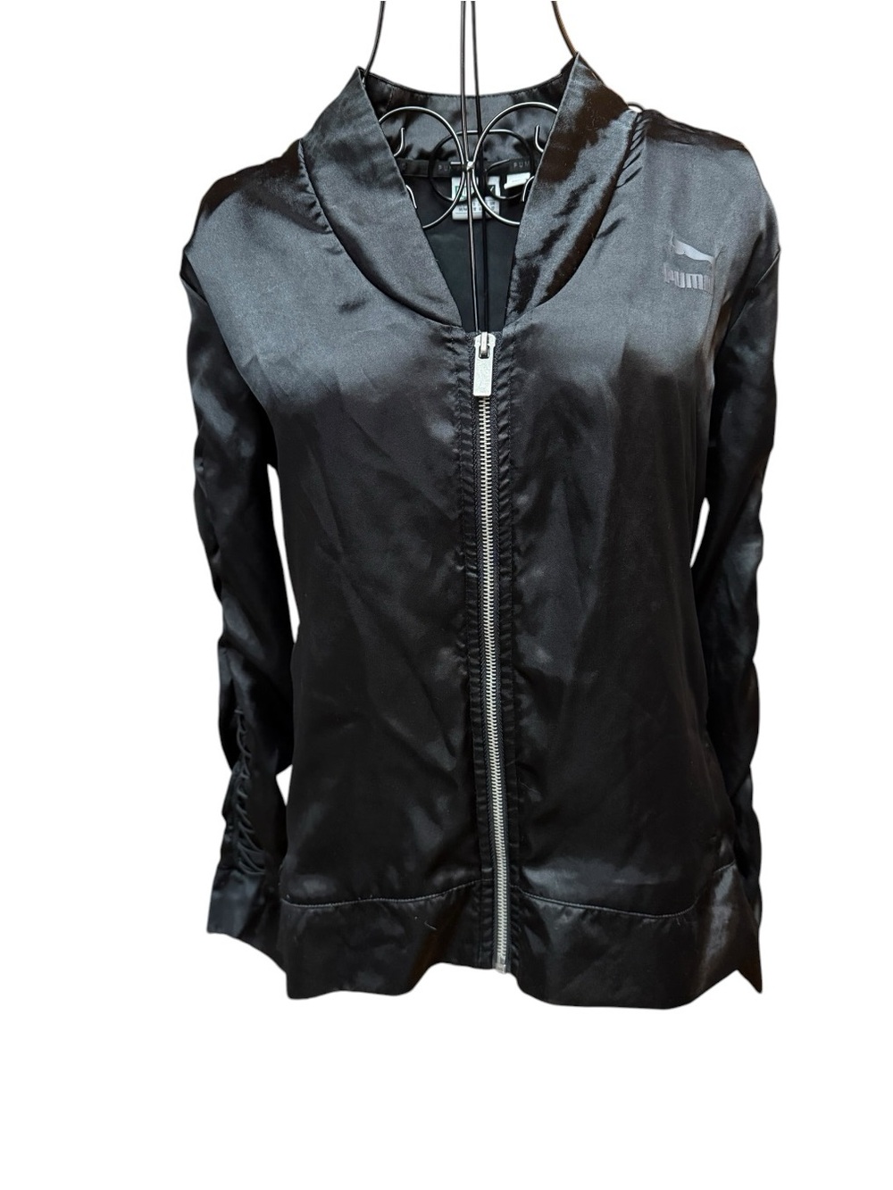 Puma Black Satin Bomber with Front Zip Lace up Sleeve Subtle Logo